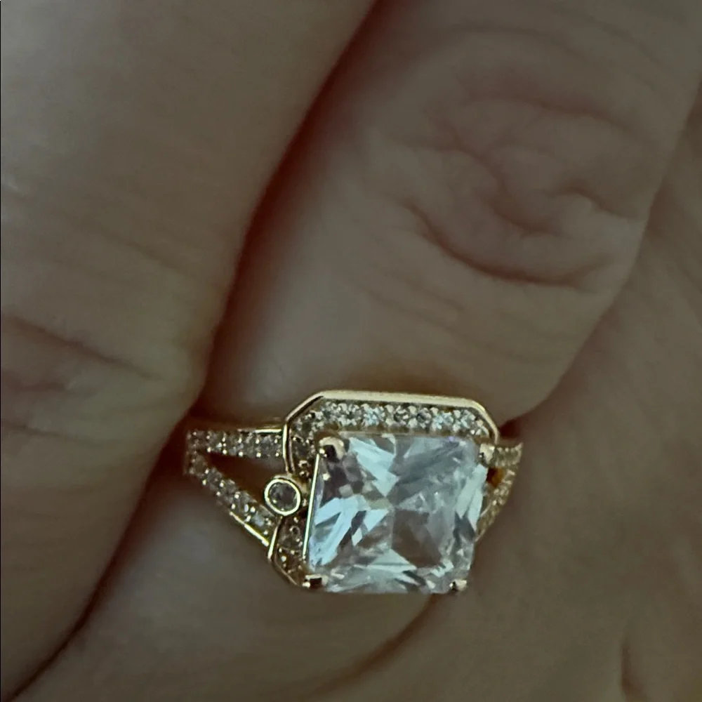 Gold and Silver Women's Adjustable Ring with Square Stone Costume Jewelry
